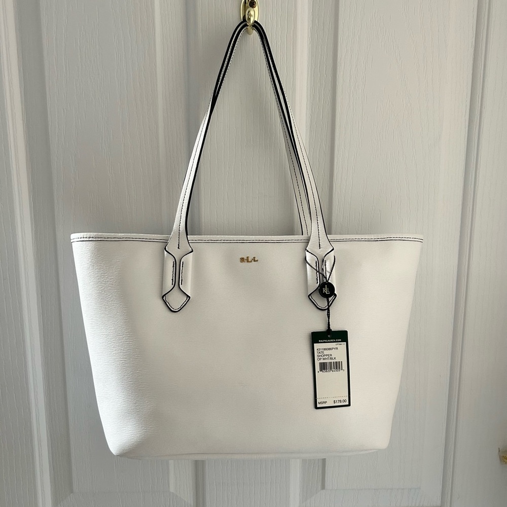 NWT LAUREN RALPH LAUREN TATE SHOPPER, Real Leather Women Tote Bag, White, Medium